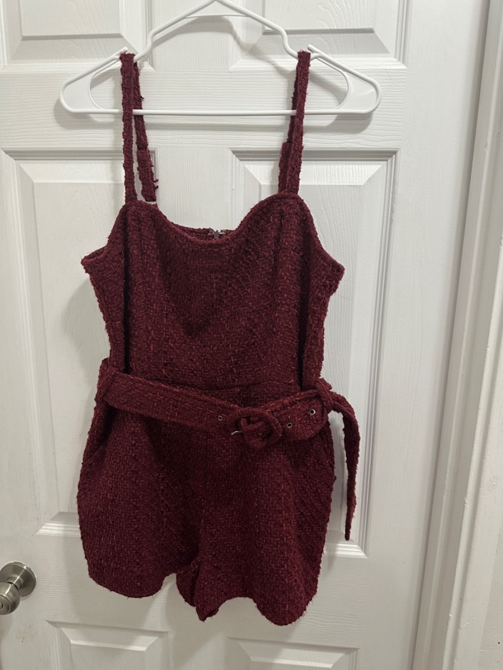 Day+ Moon Tweed Two Tone Wine Romper with Belted Waist